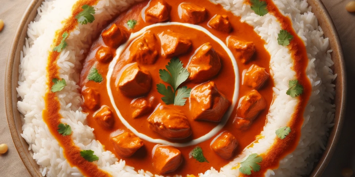 DALL·E 2024-05-25 18.15.36 – A plate of butter chicken curry served on a bed of rice. In the center of the rice, there is a circular space created by removing a bowl, into which t.webp